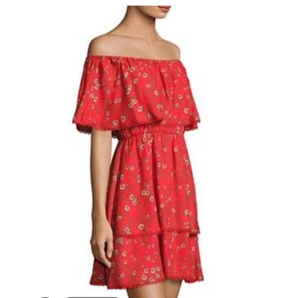 Alice + Olivia Red Floral Off Shoulder Tiered Mini Dress CC703P07549 Size 8
